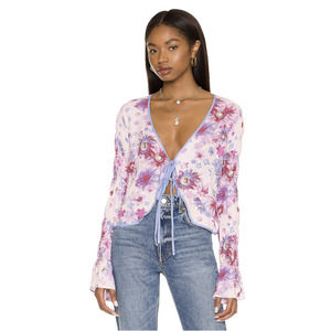 NWT Free People Venice Printed Top purple pink floral tie front